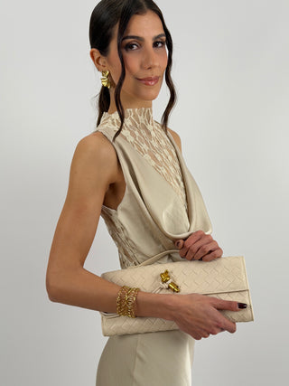 Abito Lungo Scollo Morbido e Pizzo Beige