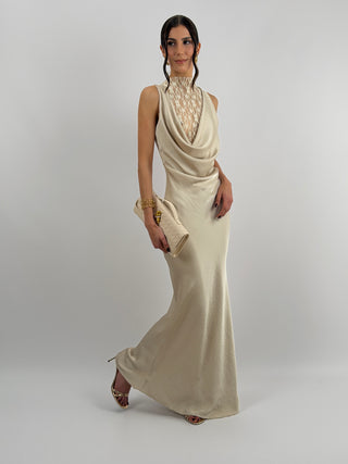 Abito Lungo Scollo Morbido e Pizzo Beige