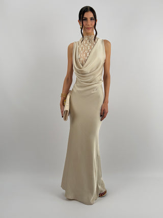 Abito Lungo Scollo Morbido e Pizzo Beige