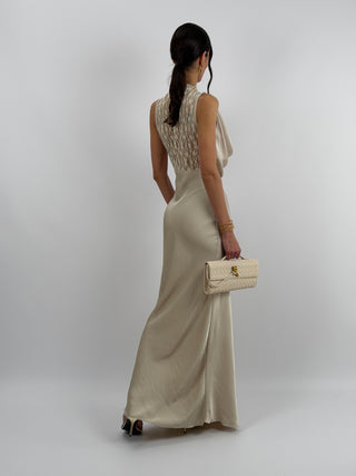 Abito Lungo Scollo Morbido e Pizzo Beige