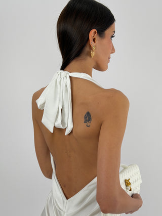 Abito Lungo Scollo a V con Drappeggio Bianco