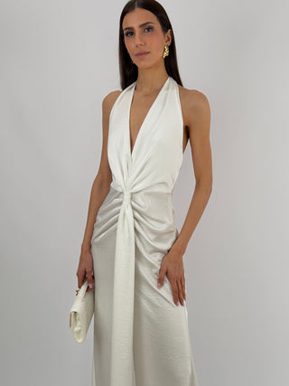 Abito Lungo Scollo a V con Drappeggio Bianco