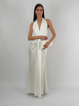 Abito Lungo Scollo a V con Drappeggio Bianco