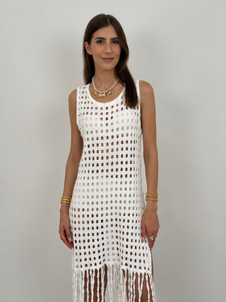 Abito Crochet con Frange Bianco