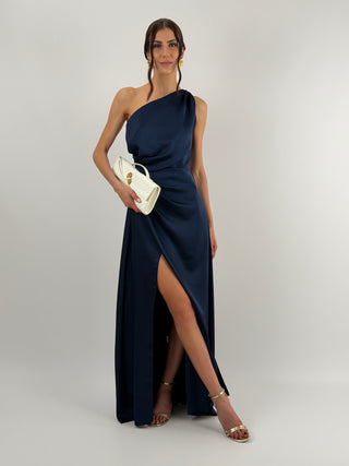 Abito Lungo Monospalla con Spacco Blu