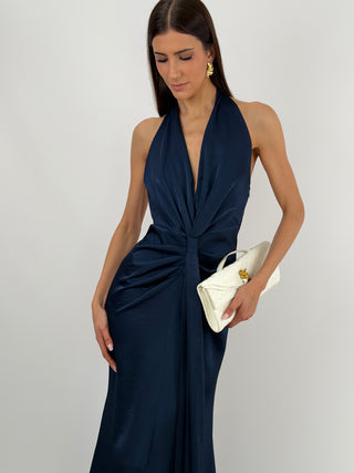 Abito Lungo Scollo a V con Drappeggio Blu