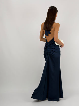 Abito Lungo Scollo a V con Drappeggio Blu
