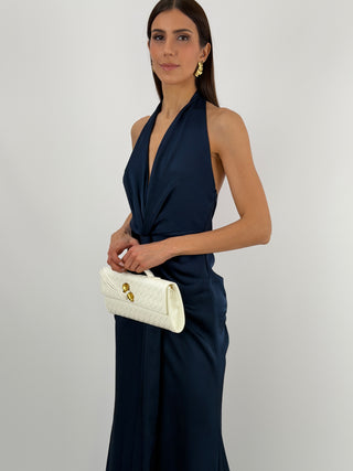 Abito Lungo Scollo a V con Drappeggio Blu