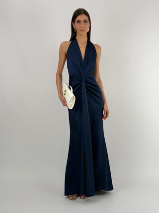 Abito Lungo Scollo a V con Drappeggio Blu