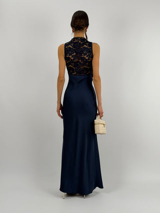 Abito Lungo Scollo Morbido e Pizzo Blu