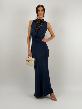 Abito Lungo Scollo Morbido e Pizzo Blu