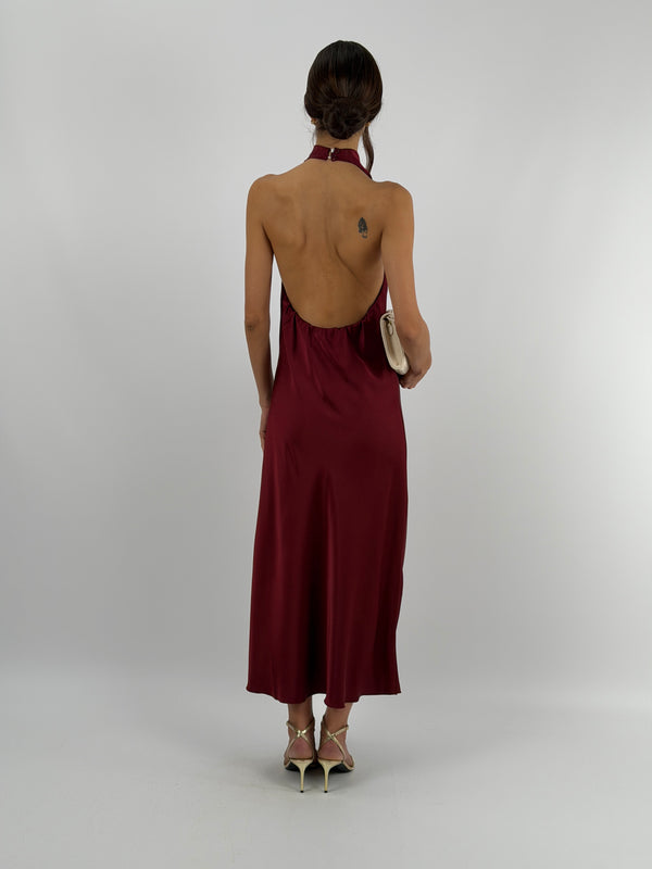 Abito Lungo Halter con Scollo Morbido Burgundy