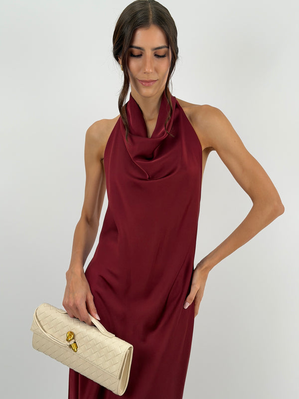 Abito Lungo Halter con Scollo Morbido Burgundy