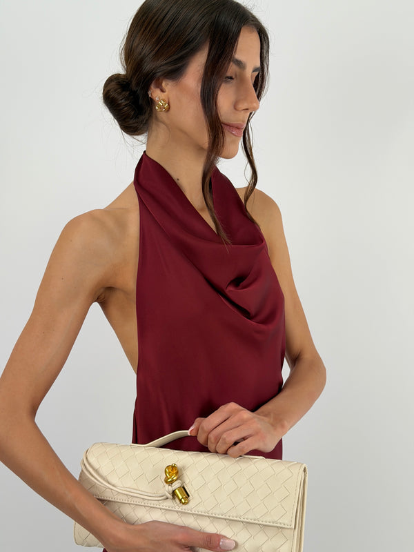 Abito Lungo Halter con Scollo Morbido Burgundy