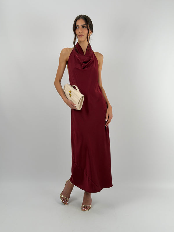 Abito Lungo Halter con Scollo Morbido Burgundy