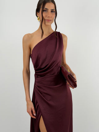 Abito Lungo Monospalla con Spacco Burgundy