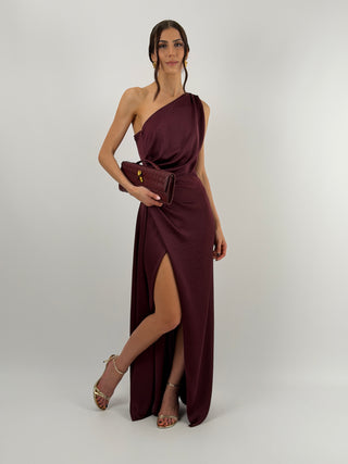 Abito Lungo Monospalla con Spacco Burgundy