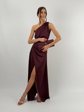 Abito Lungo Monospalla con Spacco Burgundy