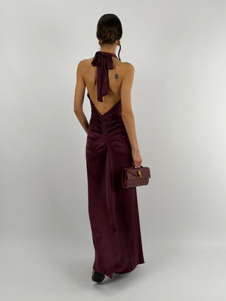 Abito Lungo Scollo a V con Drappeggio Burgundy