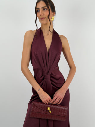 Abito Lungo Scollo a V con Drappeggio Burgundy