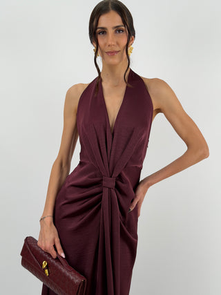Abito Lungo Scollo a V con Drappeggio Burgundy