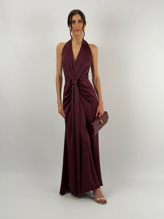 Abito Lungo Scollo a V con Drappeggio Burgundy