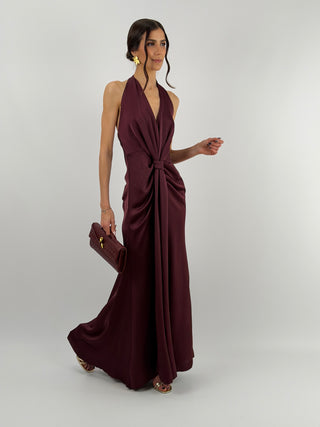 Abito Lungo Scollo a V con Drappeggio Burgundy