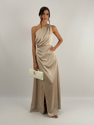 Abito Lungo Monospalla con Spacco Champagne