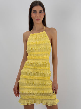 Abito Corto con Arricciature Giallo