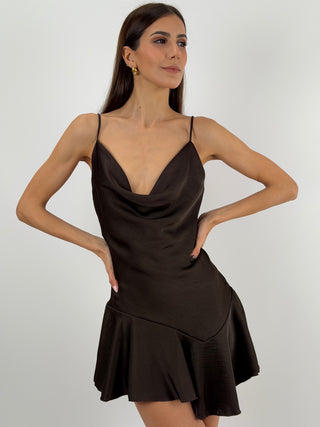 Abito Corto in Satin Marrone