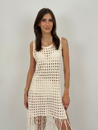 Abito Crochet con Frange Beige