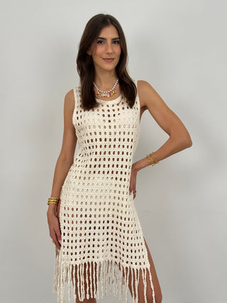 Abito Crochet con Frange Beige