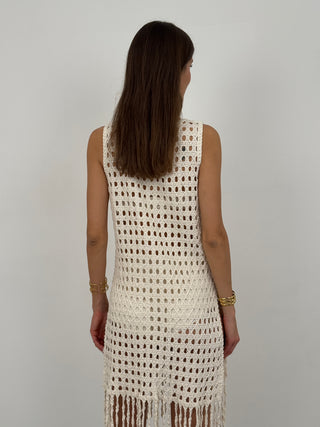 Abito Crochet con Frange Beige