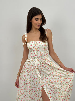 Abito Country con Bottoni e Fiori Rosa