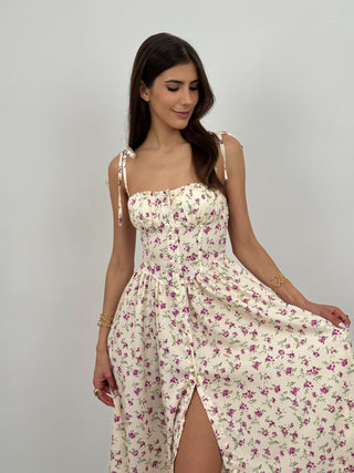 Abito Country con Bottoni e Fiori Viola