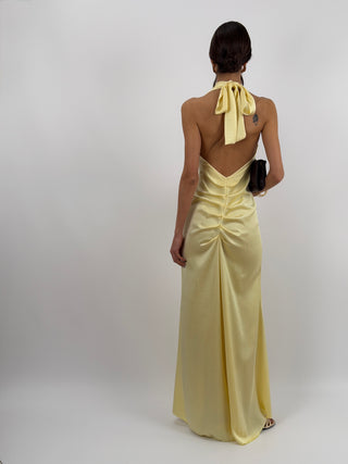 Abito Lungo Scollo a V con Drappeggio Giallo
