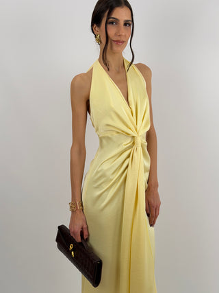 Abito Lungo Scollo a V con Drappeggio Giallo