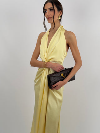 Abito Lungo Scollo a V con Drappeggio Giallo