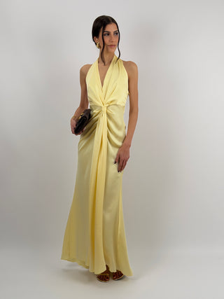 Abito Lungo Scollo a V con Drappeggio Giallo