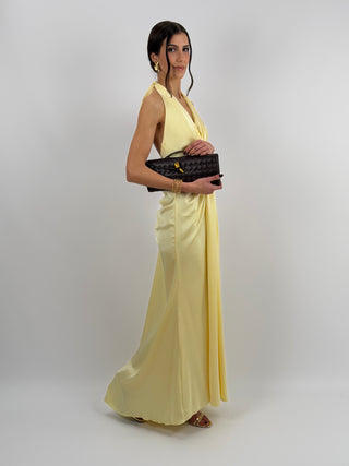 Abito Lungo Scollo a V con Drappeggio Giallo