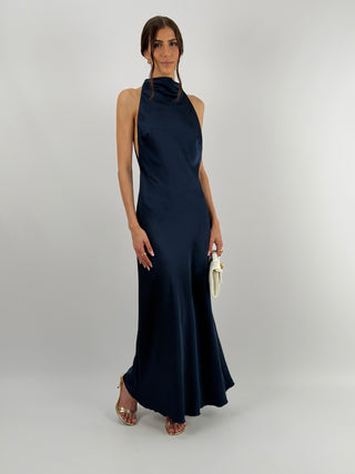 Abito Halter con Scollo Morbido sul Retro Blu