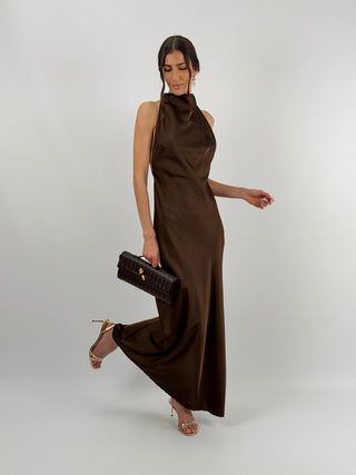 Abito Halter con Scollo Morbido sul Retro Marrone