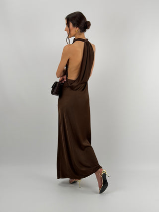 Abito Halter con Scollo Morbido sul Retro Marrone