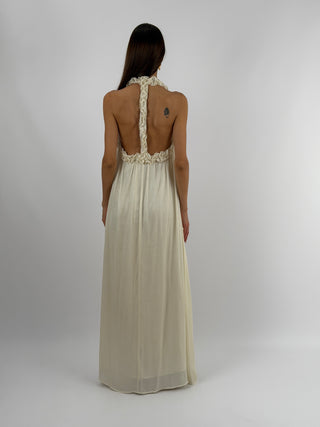 Abito Lungo Beige con Arricciature Lumina