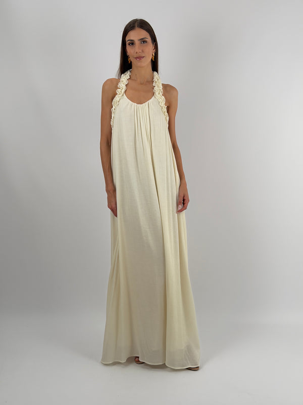 Abito Lungo Beige con Arricciature Lumina