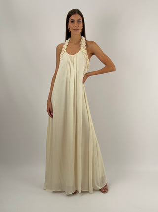 Abito Lungo Beige con Arricciature Lumina