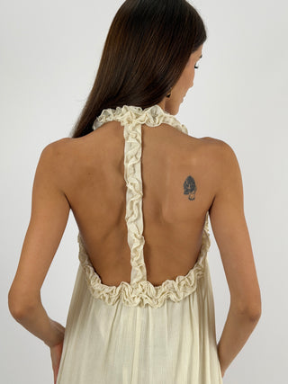 Abito Lungo Beige con Arricciature Lumina