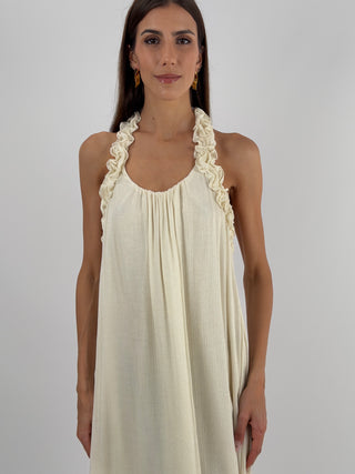 Abito Lungo Beige con Arricciature Lumina