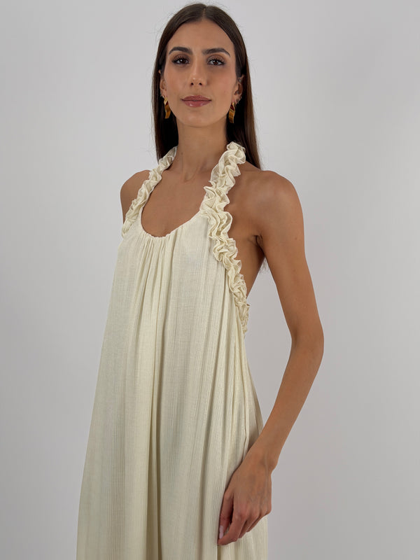 Abito Lungo Beige con Arricciature Lumina
