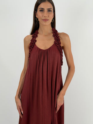Abito Lungo Bordeaux con Arricciature Lumina